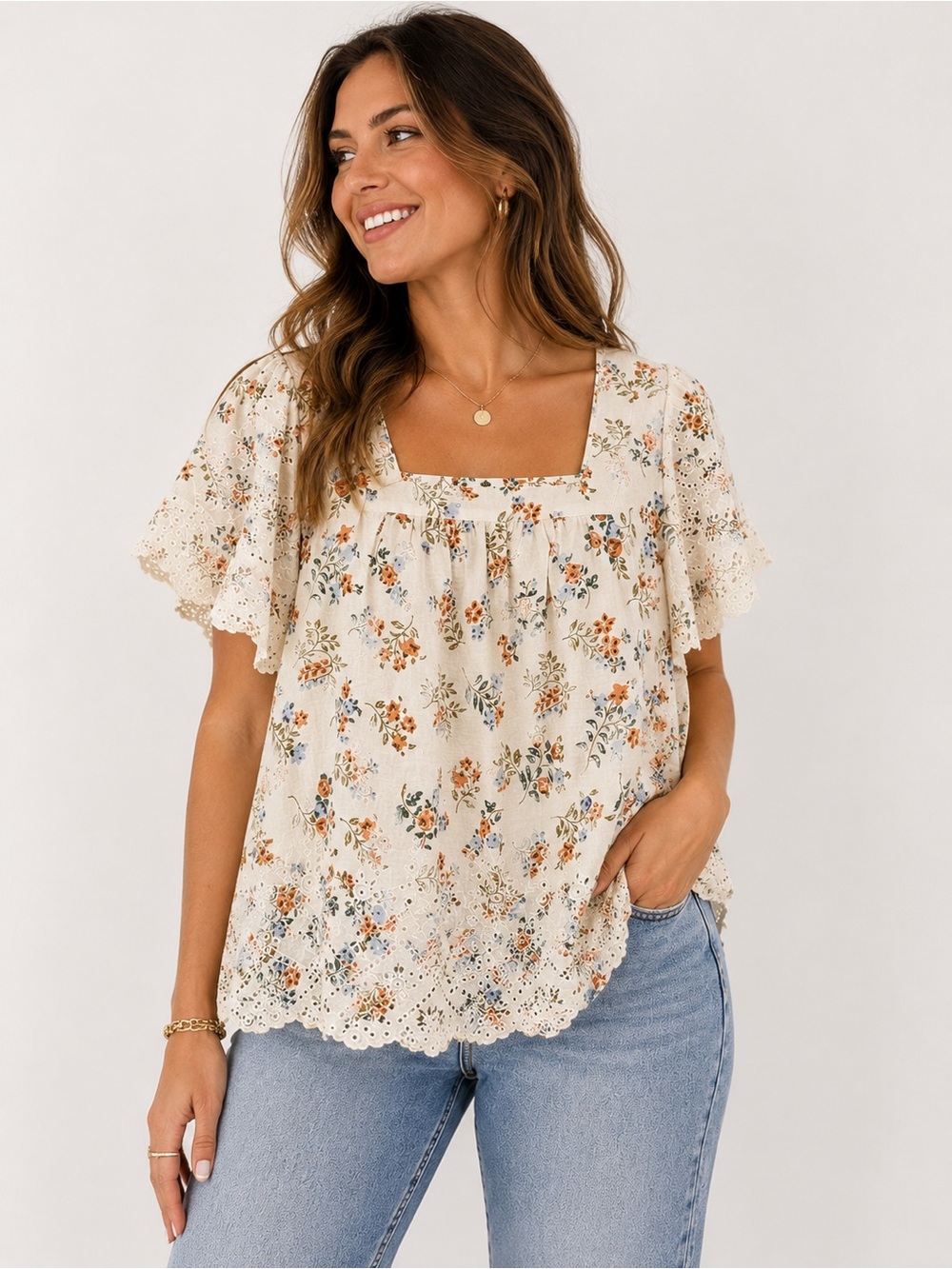 Solitaire Cream Floral Square-Neck Lace-Trim Blouse